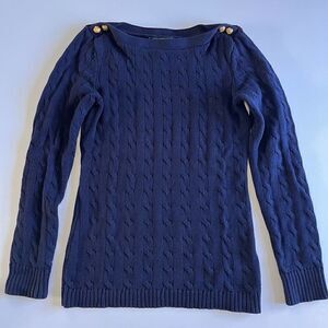 Lauren Ralph Lauren Women's Cable Knit Cotton Boatneck Navy Sweater Size Small